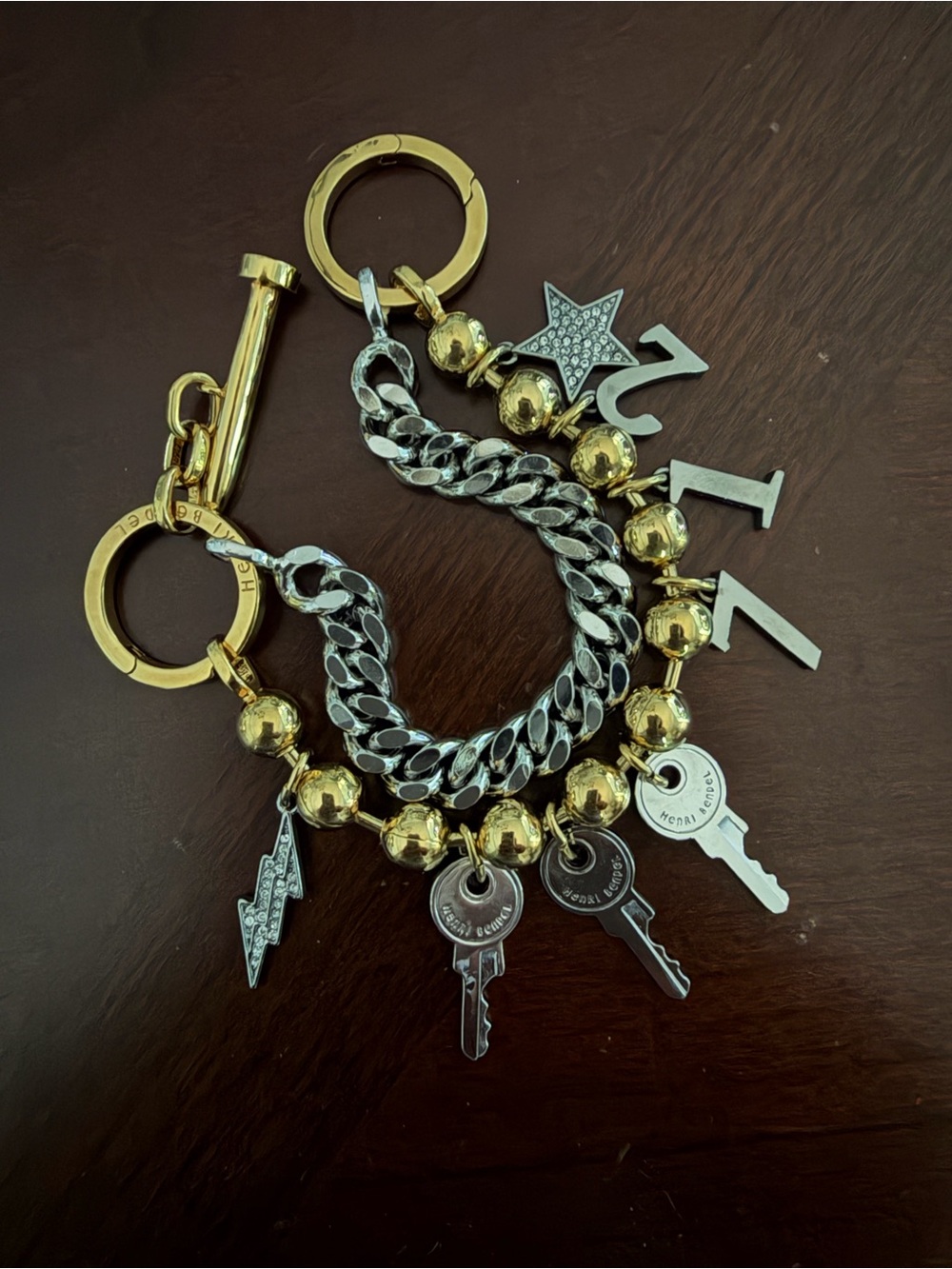 Henri Bendel Mixed Metal Toggle Multi Chain Charm Bracelet or Use as Bag Charm